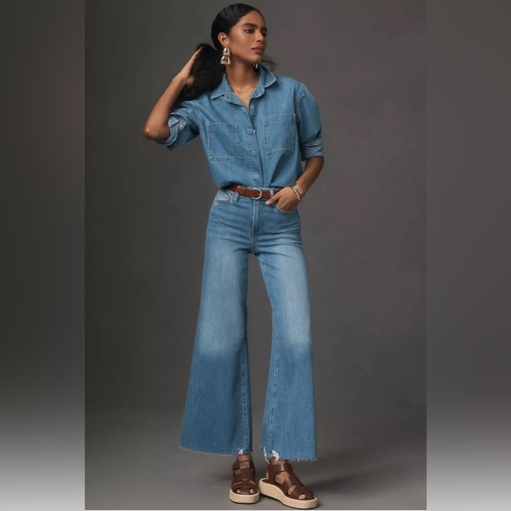 Frame Womens Zipper Fly High Rise Le Palazzo Crop Jeans Blue Wide Leg 26 Raw Hem